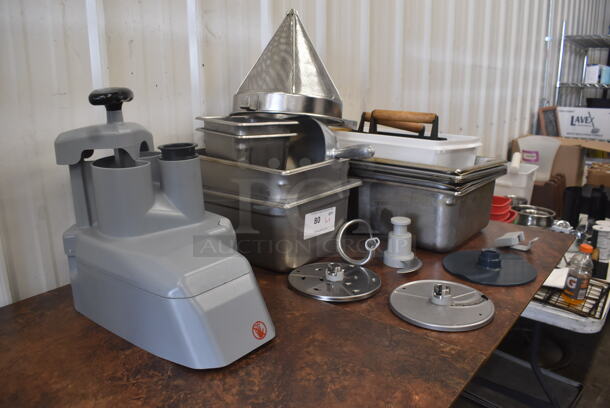 ALL ONE MONEY! Mega Lot of Stainless and Food Processor Parts Including Full Size Drop In Bins, Half and 1/6 Size Bins, Strainer, Scoop, Food Processor Continuous Feed Head, Various Blades and More! - Image 2 of 4