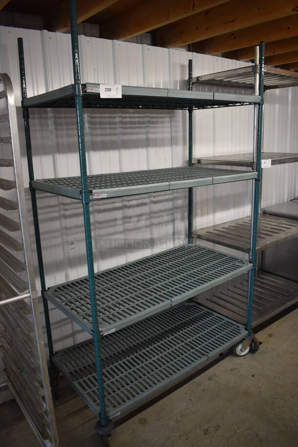 Metro Max Green Finish 4 Tier Shelving Unit on Commercial Casters. BUYER MUST DISMANTLE. PCI CANNOT DISMANTLE FOR SHIPPING. PLEASE CONSIDER FREIGHT CHARGES. 48x24x80