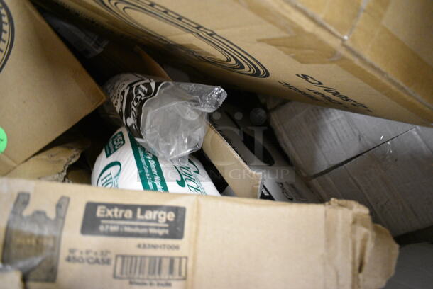 PALLET LOT of 13 BRAND NEW Boxes Including 433NHT006 Choice Extra Large Size Grey "Thank You" Medium-Duty Plastic T-Shirt Bag - 450/Case, 127PL400 Choice Portion Cup Lids, 127DM16COMBO 6 oz. Ultra Clear Recycled PET Plastic Round Deli Container Lid Combo, Choice Clear 9" Plastic Plates. 13 Times Your Bid! - Image 5 of 10