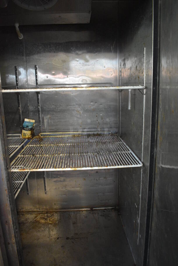 Bison Model MBF8507 Stainless Steel Commercial 2 Door Reach In Cooler w/ Poly Coated Racks on Commercial Casters. 115 Volts, 1 Phase. 54x32x83.5. Tested and Working! - Image 6 of 6
