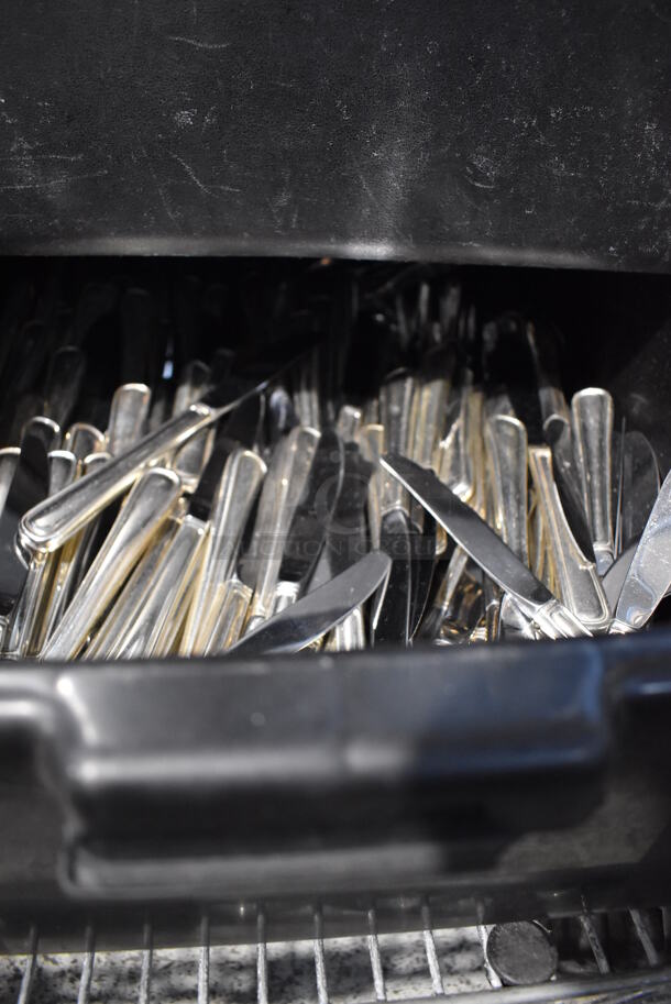 ALL ONE MONEY! Lot of Chrome Finish 3 Tier Shelving Unit on Commercial Casters w/ Contents Including Ceramic Dishes, Silverware and Poly Bins. BUYER MUST DISMANTLE. PCI CANNOT DISMANTLE FOR SHIPPING. PLEASE CONSIDER FREIGHT CHARGES. 24x24x68 - Image 9 of 11