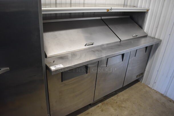 2016 True TSSU-72-30M-B-ST Stainless Steel Commercial Sandwich Salad Prep Table Bain Marie Mega Top w/ Over Shelf on Commercial Casters. 115 Volts, 1 Phase. 72x37x55. Tested and Powers On But Does Not Get Cold