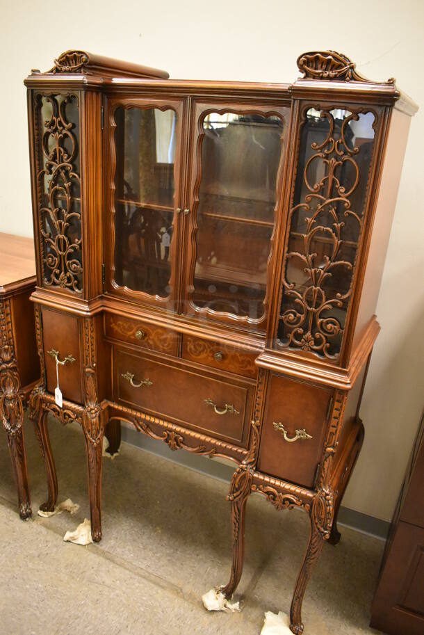 Ornate Hard Wood Victorian Style China Cabinet w/ 5 Drawers and 4 Cabinets. - Image 2 of 12