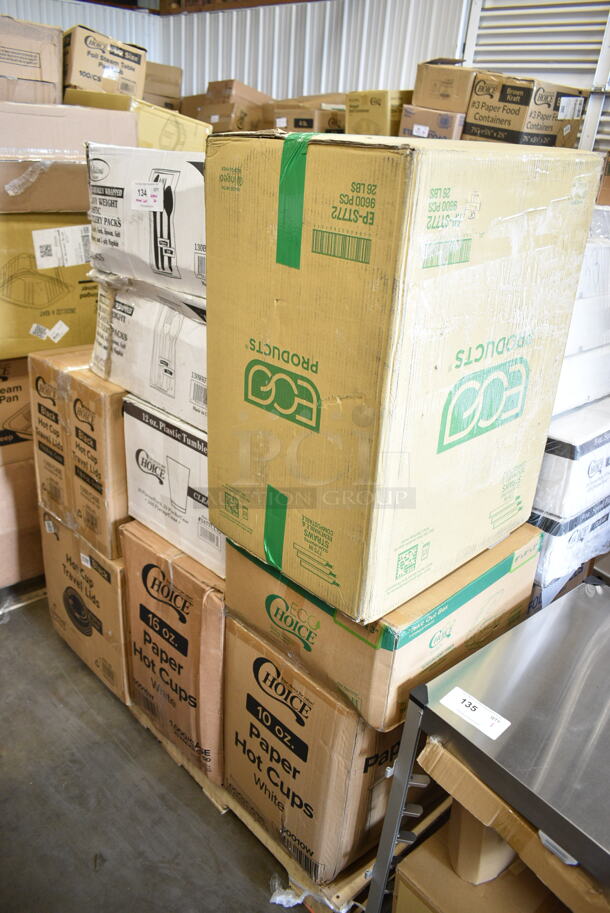 PALLET LOT of 20 BRAND NEW Boxes Including 130BKFSNSPH Visions Heavy Weight Black Wrapped Plastic Cutlery Pack with Napkin and Salt and Pepper Packets - 500/Case, 2 Box 347TCL9 Choice 9 oz. Clear Disposable Plastic Tumbler - 500/Case, 3 Box 50224336CL Lavex 12-16 Gallon 6 Micron 24" x 33" High Density Janitorial Can Liner / Trash Bag - 1000/Case, Blue Poly Dish Caddies, 245CPB10 PRINT Choice Kraft Corrugated Pizza Box, 2 Box 500L8B Choice 8 oz. Tall Black Hot Paper Cup Travel Lid - 1000/Case, 130WKFSNSPH Visions Individually Wrapped Heavy Weight White Plastic Cutlery Pack with Napkin and Salt and Pepper Packets - 500/Case, 50016W Choice 16 oz. White Poly Paper Hot Cup - 1000/Case, 50010W Choice 10 oz. White Poly Paper Hot Cup - 1000/Case, 395TO881 EcoChoice 8" x 8" x 3" Compostable Sugarcane / Bagasse 1 Compartment Take-Out Box - 200/Case, Eco-Products EP-ST772 7 3/4" Jumbo Green Renewable and Compostable Wrapped Straw - 9600/Case. 20 Times Your Bid! - Image 1 of 12