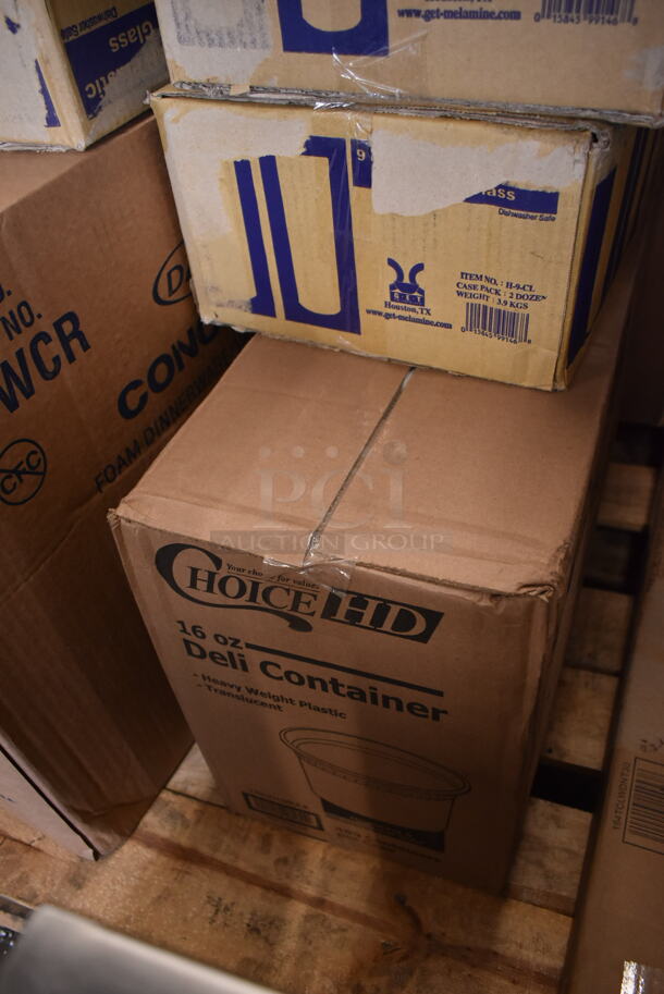 PALLET LOT of 15 BRAND NEW Boxes Including 4 Box H-9-CL High Ball Glasses, Dart 12BWWCR Concorde 10-12 oz. White Non-Laminated Round Foam Bowl - 1000/Case, GET H-9-1-SAN-CL Cheers 9 oz. Customizable Clear SAN Plastic Highball Glass - 24/Case, Choice 16 oz Deli Container, M-4010 100' Banquet Roll, 500PTCRLLWH Choice 40" x 100' White Plastic Table Cover Roll - 4/Case, 128HD24COMBO  ChoiceHD 24 oz. Microwavable Translucent Plastic Deli Container and Lid Combo Pack - 240/Case, 433PANPAL2 Baker's Lane PanPal Non-Stick Reusable Full Size Pan Liner - 2/Pack, Vollrath 68291 Wear-Ever 40 Qt. Replacement Boiler / Fryer Basket for 68270. 15 Times Your Bid! - Image 5 of 12