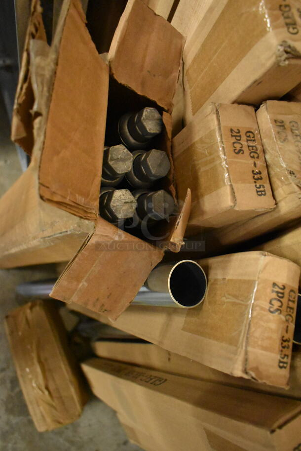 BRAND NEW SCRATCH AND DENT! Lot of 2 Metal Under Shelves and 9 Boxes of John Boos GLEG-33.5B / Regency 600TW2496G Legs.  - Image 7 of 10