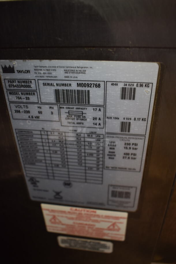 2010 Taylor 794-33 Commercial Stainless Steel Water Cooled 2 Hopper Soft Serve Ice Cream Machine On Commercial Casters. 208-230V, 3 Phase.  - Image 6 of 7