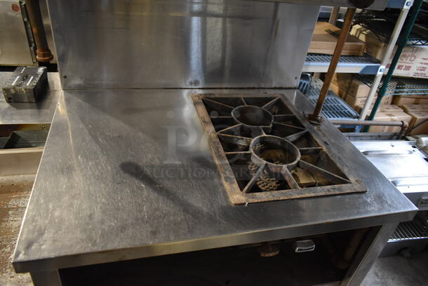 Garland Stainless Steel Commercial Natural Gas Powered 2 Burner Range w/ Salamander Cheese Melter and 2 Under Shelves. - Image 3 of 4