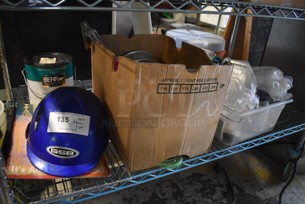 ALL ONE MONEY! Tier Lot of Various Items Including Plastic Lids, Coffee Pot, Hard Hat and Metal Bins
