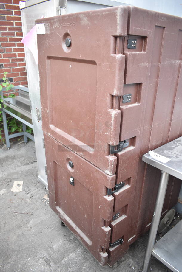 Cambro CMB1826 Brown Poly Insulated 2 Door Catering Portable Food Case on Commercial Casters.  - Image 1 of 5