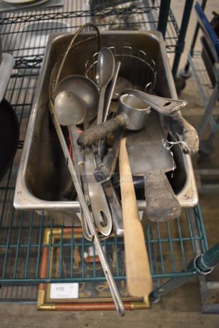 ALL ONE MONEY! Lot of Various Items Including Serving Spoons, Skimmer and Spatula in Metal Bin!