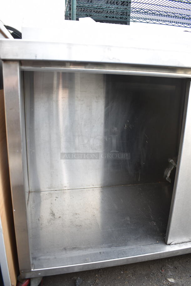 WinHolt Stainless Steel Counter w/ Back Splash, Under Shelf and Doors on Commercial Casters.  - Image 3 of 7
