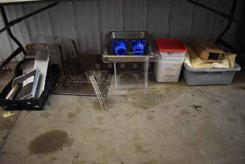 ALL ONE MONEY! Lot of Various Items Including Poly Bins, Metal Racks, Cutting Board Rack and Bus Bin