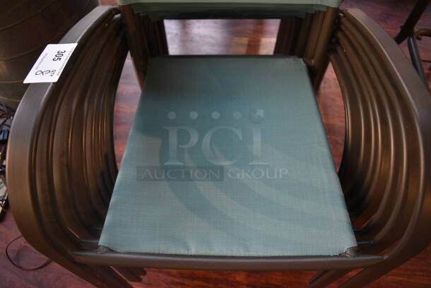 8 Brown Metal Outdoor Patio Chairs w/ Blue Seat and Arm Rests. 22x22x37. 8 Times Your Bid! (lounge) - Image 3 of 4
