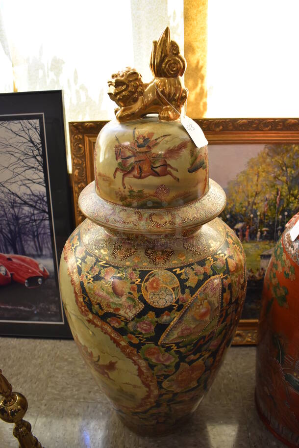 Ornate Asian Style Capped Vase w/ Foo Dog and Samurai Motif.