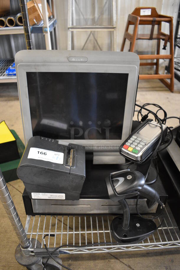 Par 15" POS System Monitor, Epson Model M244A Receipt Printer, Verifone Credit Card Reader, Barcode Scanner and Metal Cash Drawer - Image 1 of 6