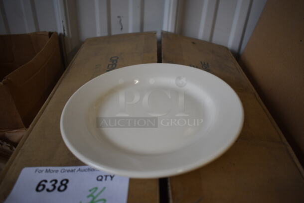 36 BRAND NEW IN BOX! White Ceramic Plates. 7.25x7.25x1. 36 Times Your Bid!