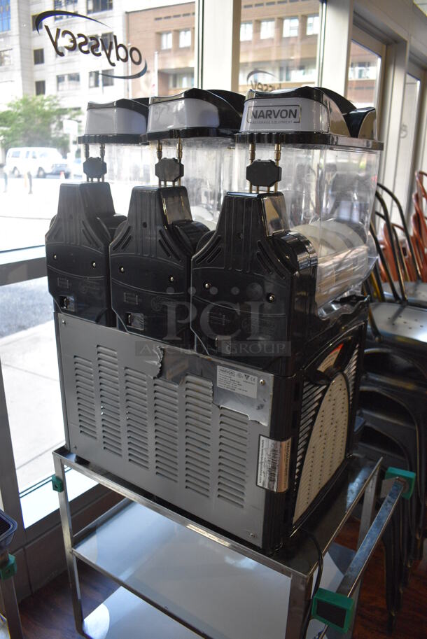 Narvon OASIS 3-10 Stainless Steel Commercial Countertop 3 Hopper Slushie Machine on Stainless Steel 3 Tier Cart. 23x21x33, 19x31x31. Item Was in Working Condition on Last Day of Business. (lounge) - Image 6 of 6