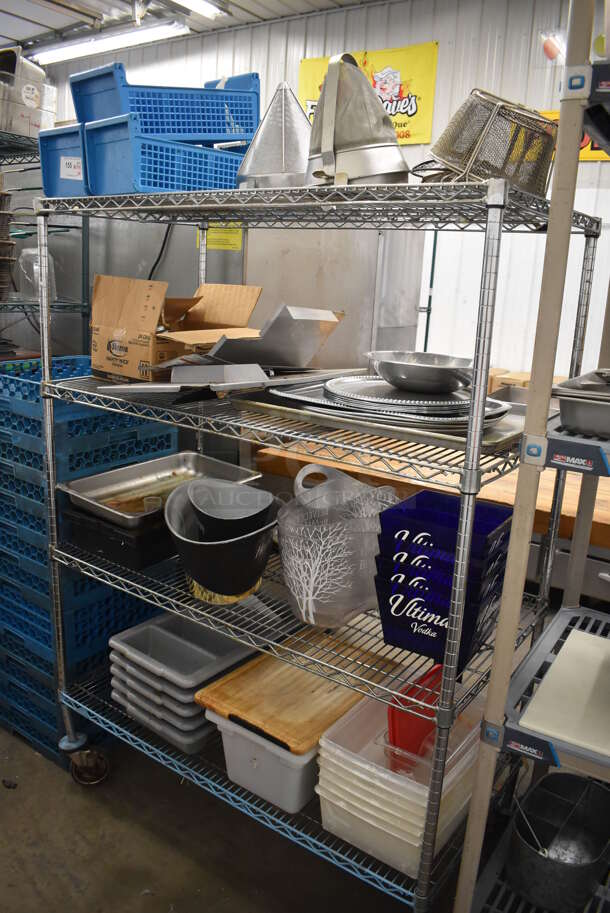 ALL ONE MONEY! Lot of 4 Tiers Worth of Various Items Including Silverware Bins, Strainers, Metal Trays and Poly Ice Buckets. Does NOT Include Shelving Unit