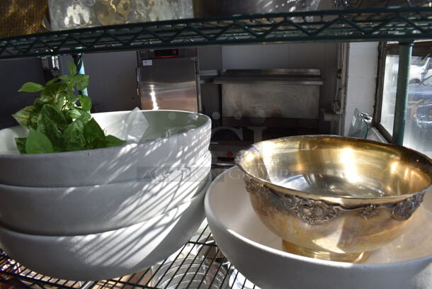 ALL ONE MONEY! Lot of Green Finish 5 Tier Shelving Unit on Commercial Casters w/ Contents Including Glass Bottles, Glass Bowls, Metal Baskets, Ceramic Bowl, Fabric, Decaf Coffee Blend. BUYER MUST DISMANTLE. PCI CANNOT DISMANTLE FOR SHIPPING. PLEASE CONSIDER FREIGHT CHARGES. 36x18x92 - Image 9 of 12