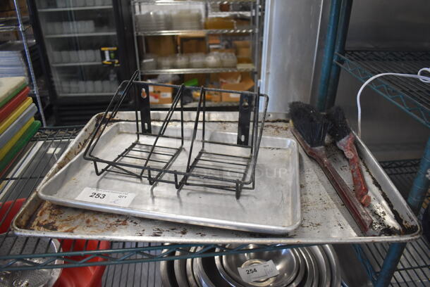 ALL ONE MONEY! Lot of Various Items Including Cleaning Brushes and Metal Pan Racks. Includes 26x18x1