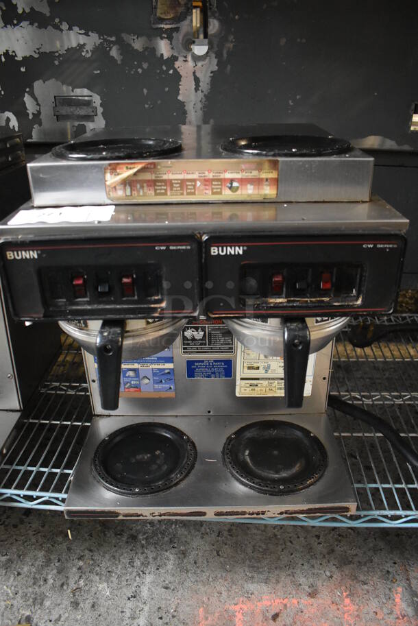 Bunn Stainless Steel Commercial Countertop 4 Burner Coffee Machine w/ 2 Metal Brew Baskets. 120/208-240 Volts, 1 Phase. 16x18x19