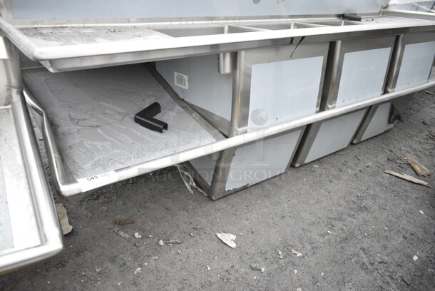 BRAND NEW SCRATCH AND DENT! Regency 600S32028224 115" 16-Gauge Stainless Steel Three Compartment Commercial Sink with 2 Drainboards - 20" x 28" x 14" Bowls. No Legs.  - Image 2 of 10