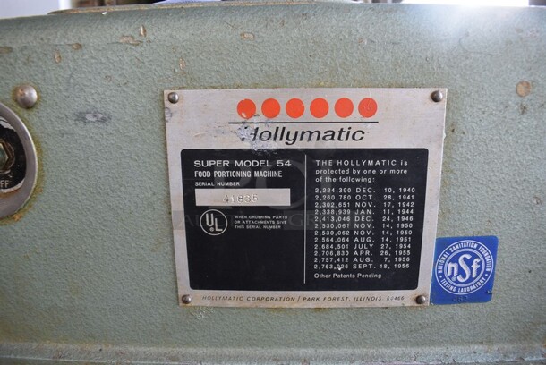 Hollymatic Super Model 54 Metal Commercial Countertop Patty Making & Forming Machine w/ Tray on Metal Commercial Portable Cart. 32x30x56. Tested and Powers On But Parts Do Not Move - Image 5 of 8