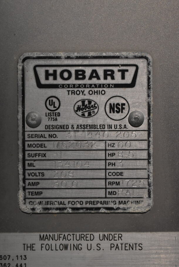 Hobart MG2032 Metal Commercial Floor Style Electric Powered Meat Mixer Grinder w/ Foot Pedal on Commercial Casters. 208 Volts, 3 Phase. Tested and Working! - Image 8 of 8