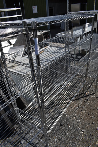 Chrome Finish 4 Tier Wire Shelving Unit. BUYER MUST DISMANTLE. PCI CANNOT DISMANTLE FOR SHIPPING. PLEASE CONSIDER FREIGHT CHARGES. 48x18x54