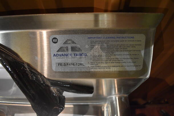 BRAND NEW SCRATCH AND DENT! Advance Tabco FE-3-1416-12RL Stainless Steel Commercial 3 Bay Sink w/ Dual Drain Boards. Comes w/ Drains and Legs! 66x22x24. Legs 24". Bays 14x16x12. Drain Boards 10x17x2 - Image 4 of 7