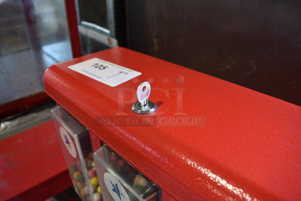 Red Metal Floor Style 3 Well Coin Operated Gum Vending Machine. Comes w/ Key. 16x16x43 - Image 3 of 5