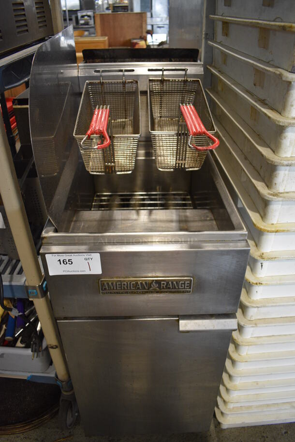 American Range Model AR-35 Stainless Steel Commercial Floor Style Natural Gas Powered Deep Fat Fryer w/ 2 Metal Fry Baskets and Side Splash Guard on Commercial Casters. 40,000 BTU. 15.5x30x49