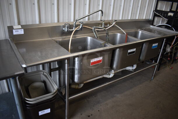 Stainless Steel Commercial 3 Bay Sink w/ Dual Drainboards, Faucet, Handles and Spray Nozzle Attachment. 102x27x40.5. Bays 20x20x14. Drainboards 16x23x2 - Image 5 of 5