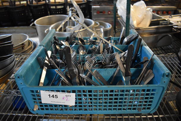 ALL ONE MONEY! Lot of 2 Blue Poly Silverware Caddies w/ Utensils - Image 1 of 3