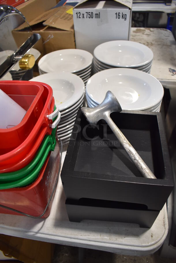 ALL ONE MONEY! Lot of Items on Tabletop Including Chafing Dishes, Poly Buckets, Ceramic Pasta Plates, Tray, Glass Bowls - Image 3 of 12