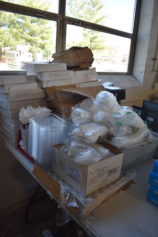 ALL ONE MONEY! Lot of Various Items Including Portion Cups, Lids, Containers, Brown Paper Bags and Pizza Boxes! - Image 1 of 5