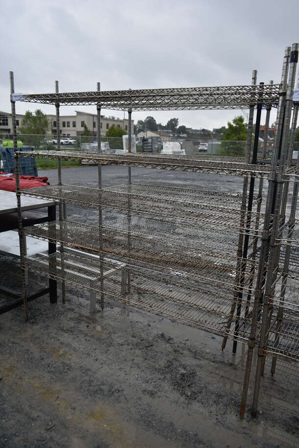 Chrome Finish 5 Tier Wire Shelving Unit. BUYER MUST DISMANTLE. PCI CANNOT DISMANTLE FOR SHIPPING. PLEASE CONSIDER FREIGHT CHARGES. - Image 1 of 2