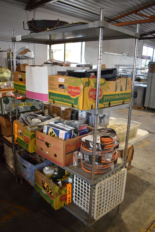 ALL ONE MONEY! Lot of Gray 4 Tier Shelving Unit w/ Contents Including Rigid Extension Cords, Games and Cleaner. BUYER MUST DISMANTLE. PCI CANNOT DISMANTLE FOR SHIPPING. PLEASE CONSIDER FREIGHT CHARGES. 48x21x75