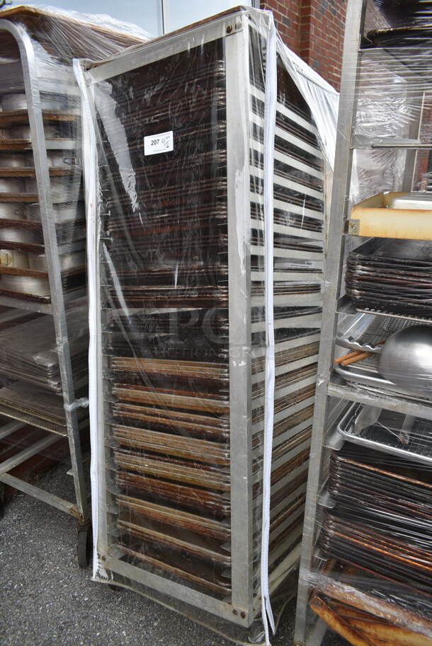 Metal Commercial Pan Transport Rack w/ 66 Metal Baking Pans and Clear Cover on Commercial Casters. Missing 1 Caster. - Image 2 of 5