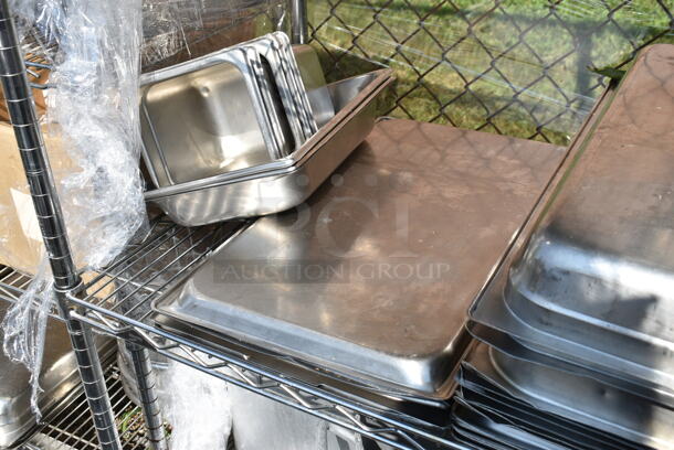 Chrome Finish 4 Tier Shelving Unit w/ Contents Including Stainless Steel Drop In Bins, Colander, Stock Pots. BUYER MUST DISMANTLE. PCI CANNOT DISMANTLE FOR SHIPPING. PLEASE CONSIDER FREIGHT CHARGES.  - Image 7 of 11