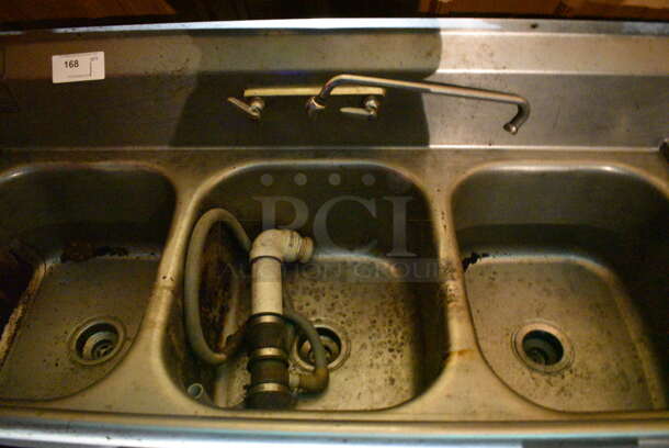 Stainless Steel Commercial 3 Bay Sink w/ Right Side Drain Board, Faucet and Handles. 74x26x20. Bays 16x20x10. Drain Board 16x22x2. (bar) - Image 5 of 7