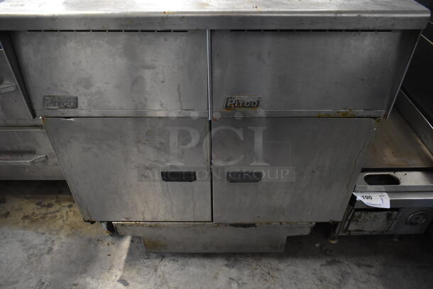 Pitco Frialator SG14 Stainless Steel Commercial Floor Style Natural Gas Powered Double Bay Deep Fat Fryer w/ Filtration System and Grease Trap. 110,000 BTU.  - Image 6 of 11