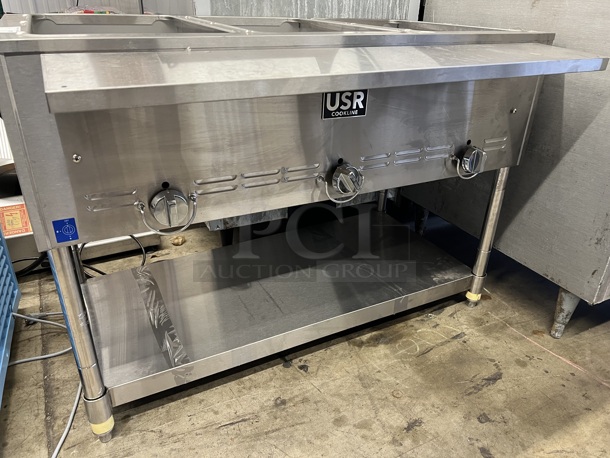 USR Cookline Stainless Steel Commercial Gas Powered 3 Bay Steam Table w/ Under Shelf. 45x23x31 Appears to be BRAND NEW!  - Image 5 of 6