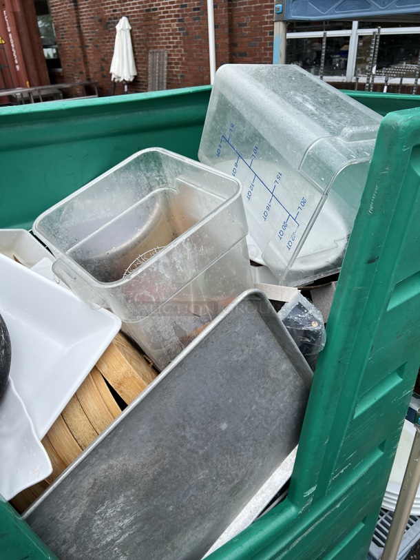 Green Poly Portable Bin on Commercial Casters w/ Contents Including Stock Pot and Poly Bins. 48x26x65 - Image 9 of 9