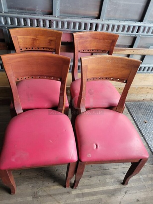 Wood Dining Chairs Red Vinyl Seat - Image 1 of 3