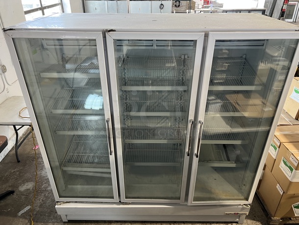 National Model ULG80BCP-6 Metal Commercial 3 Door Reach In Freezer Merchandiser w/ Poly Coated Racks. 115/208-230 Volts, 1 Phase. 78x33x80