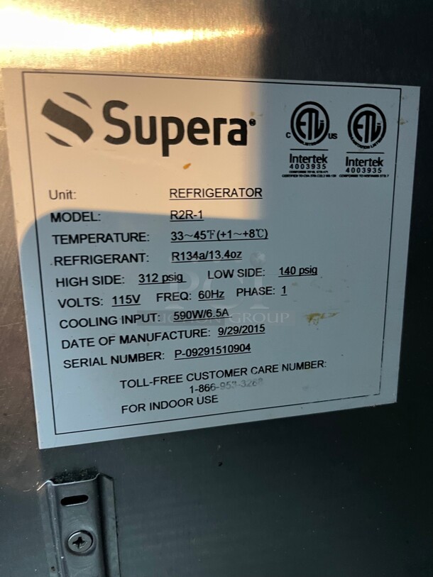 Working! Supera (R2R-1) - 52 inch Solid Door Reach-In Commercial Refrigerator 115 Volt NSF Tested and Working! - Image 4 of 7