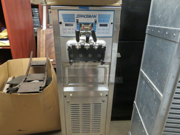 One Spaceman 2 Flavor Twist Water Cooled Frozen Yogurt Machine On Casters. 220 Volt. 3 Phase. Model# 6378AW. 27X33X60.  - Image 2 of 4