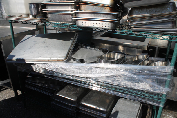 Metro Green Metal 5 Tier Wire Shelving Unit w/ Contents Including Poly Bins and Stainless Steel Drop In Bins. BUYER MUST DISMANTLE. PCI CANNOT DISMANTLE FOR SHIPPING. PLEASE CONSIDER FREIGHT CHARGES. - Image 3 of 5